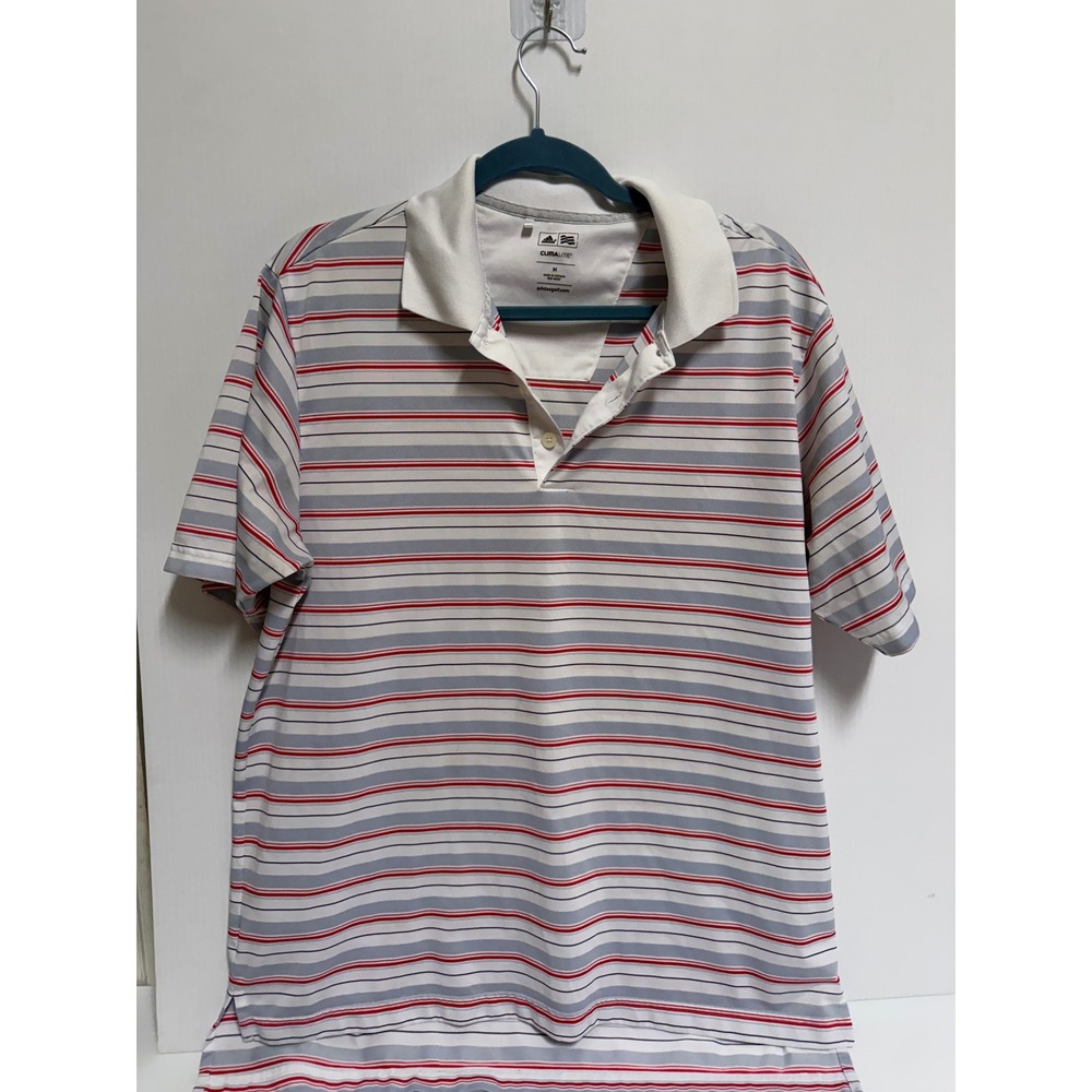 Adidas Golf Climalite Mens Polo Shirt Medium Striped White Blue Red Short Sleeve